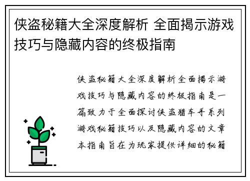 侠盗秘籍大全深度解析 全面揭示游戏技巧与隐藏内容的终极指南